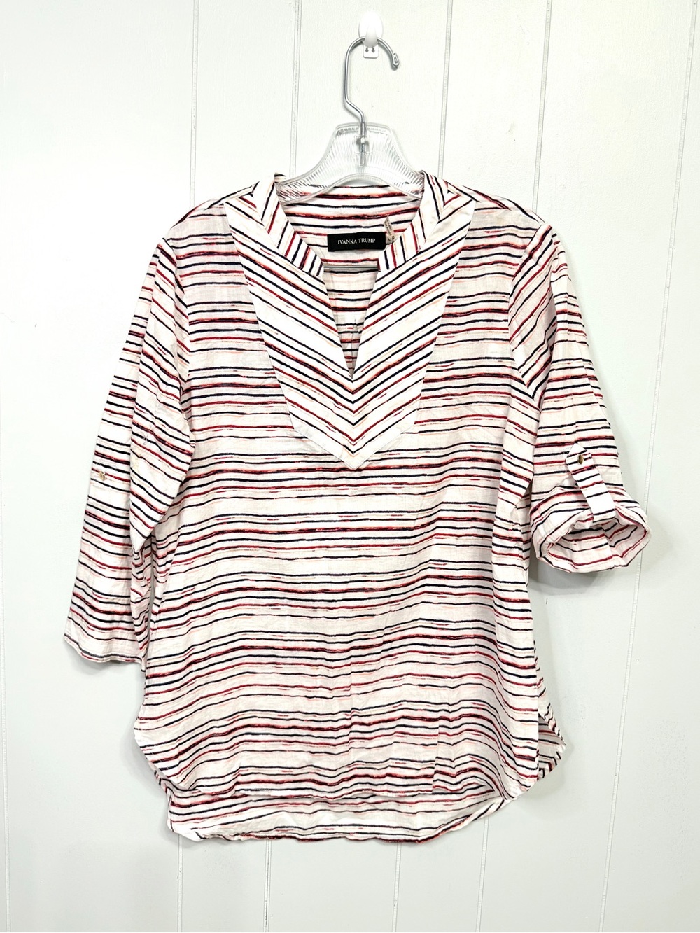 #17)  Ivanka Trump White Cotton Tunic with Red, Black, Blue  Stripes